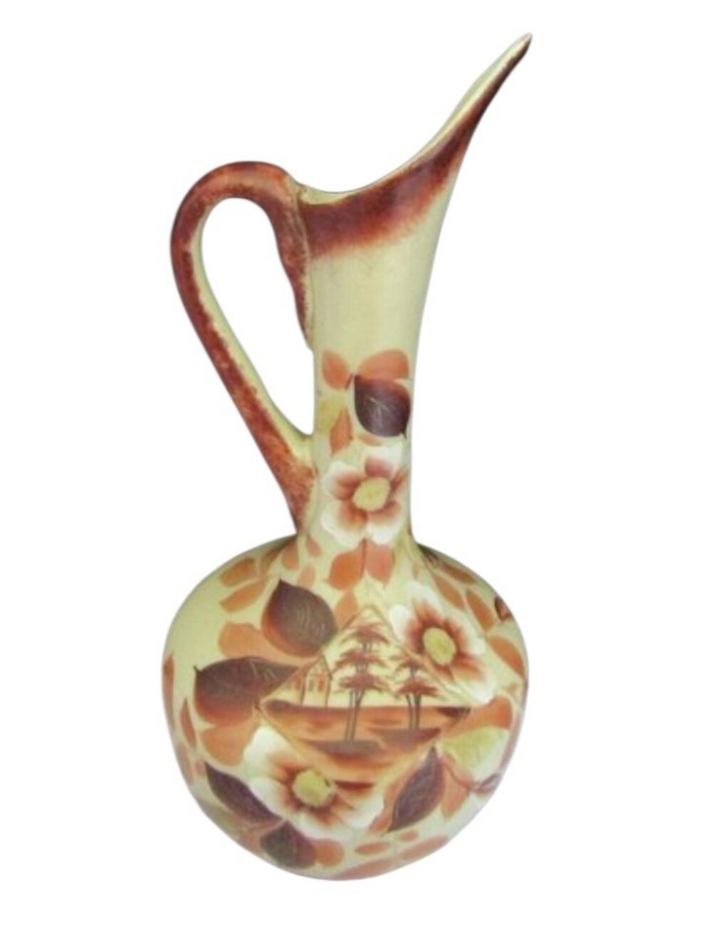 Vintage Tonala Mexican Pottery Ewer Pitcher Vase Hand Painted Folk Art 12.75"
